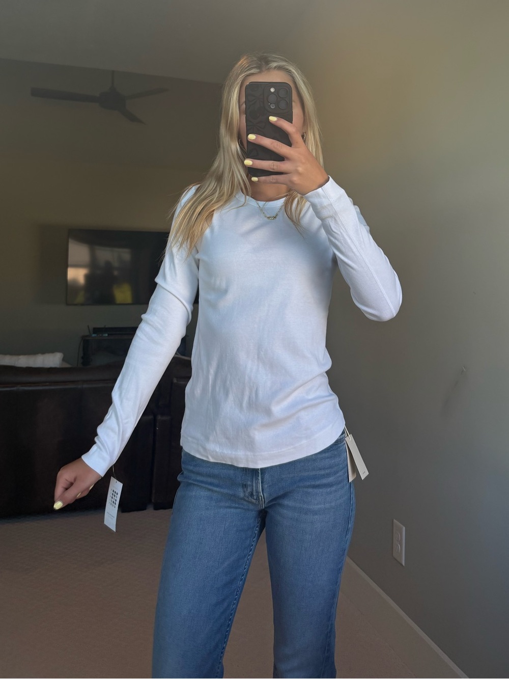 Three Dots White Long-Sleeve Crewneck Top